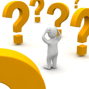 Confused man and question marks. 3d rendered illustration.